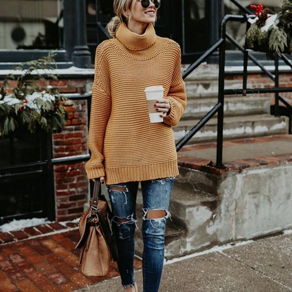 . Sweaters - Mustard Casual Womens Turtleneck Drop Shoulder Sweater